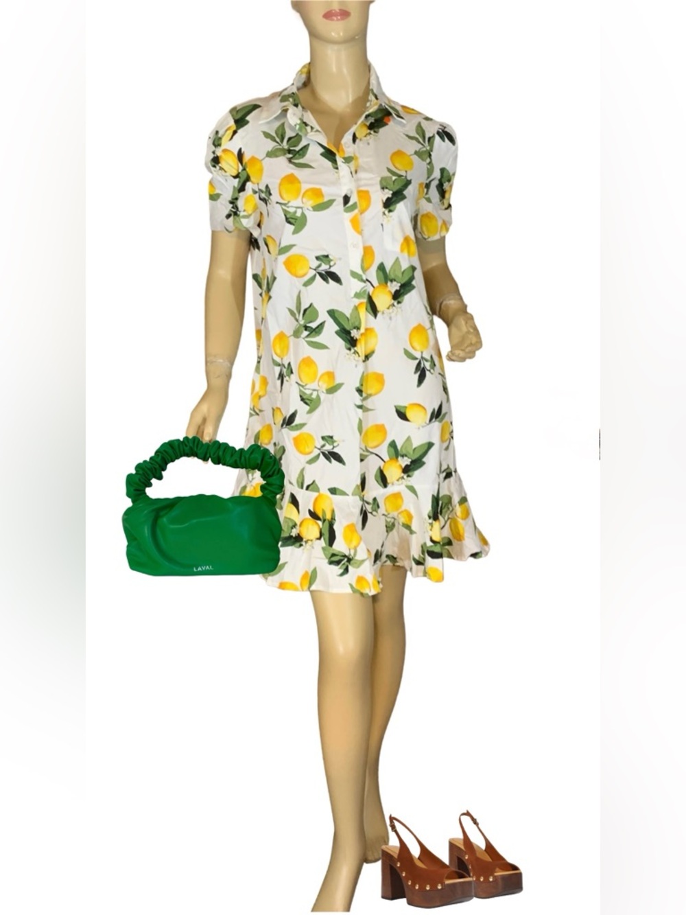 CYNTHIA ROWLEY WHITE, GREEN & YELLOW COTTON LEMON PRINT SHIRT DRESS (M)